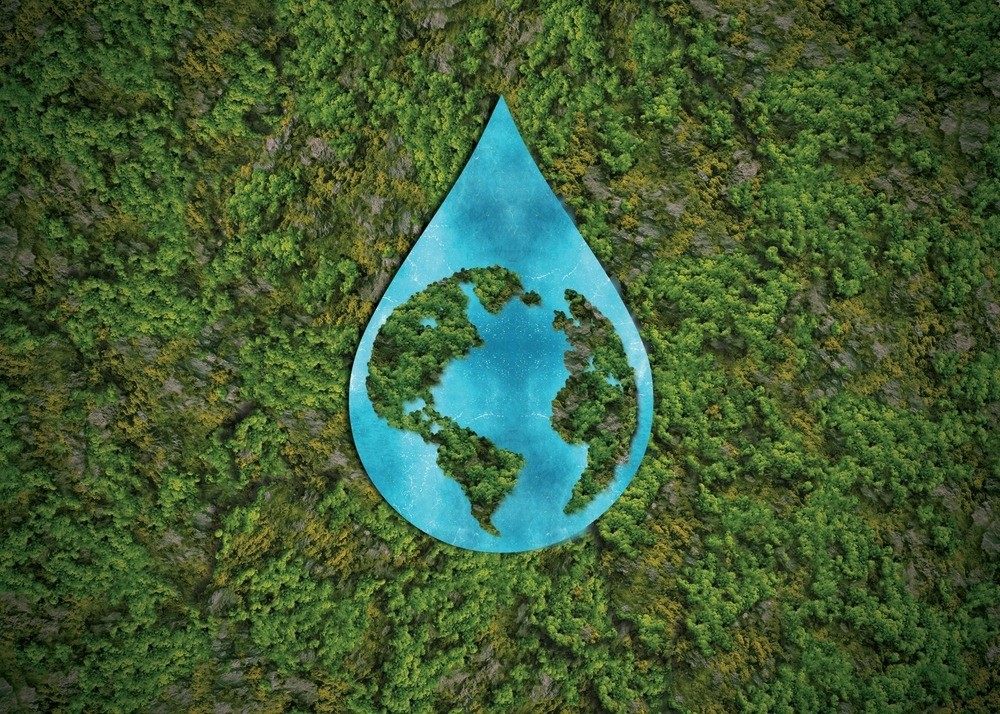 FreshStart Landscaping Vegas water conservation sustainability graphic with earth inside water droplet