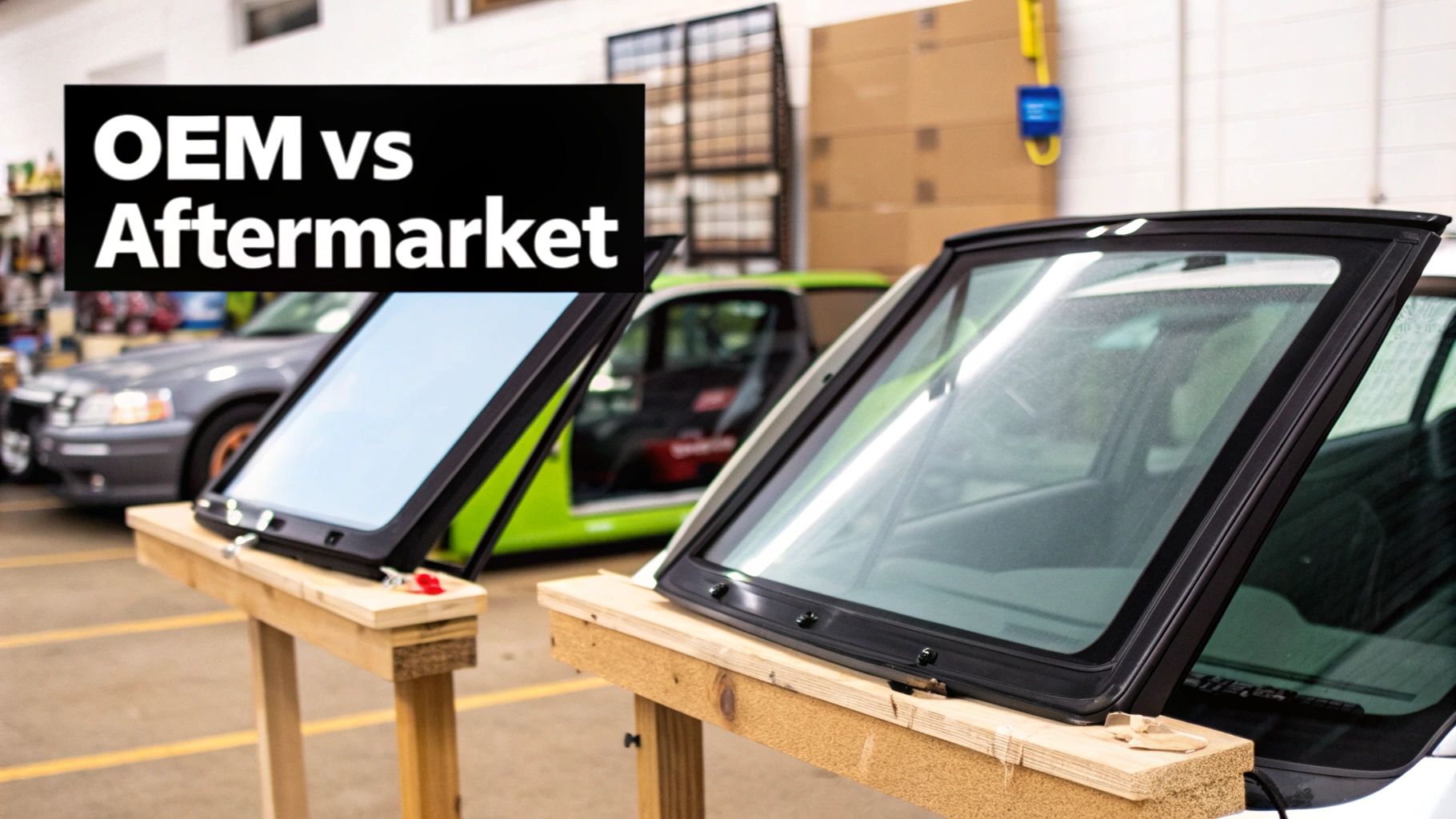 Technician carefully inspecting OEM and aftermarket windshields side by side