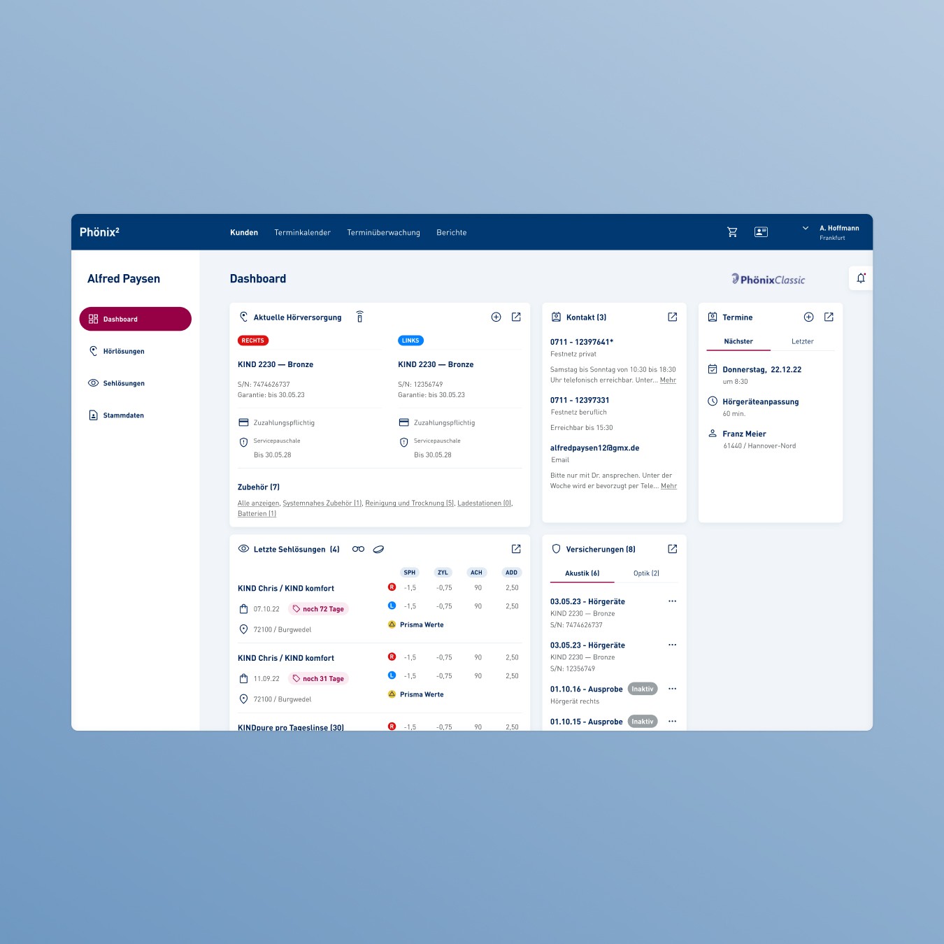 Ansicht des Mitarbeitenden-System "Phönix2" zeigt verschiedene Bereiche für Informationen zu Kundendaten.