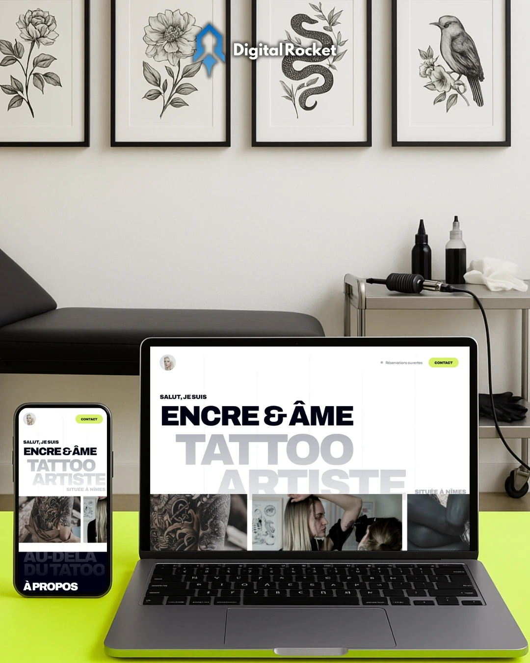 Site vitrine pour un tatoueur à Nîmes, réalisé par Digital Rocket à Villetelle. Design moderne et épuré pour mettre en valeur les créations artistiques et faciliter la prise de rendez-vous.
