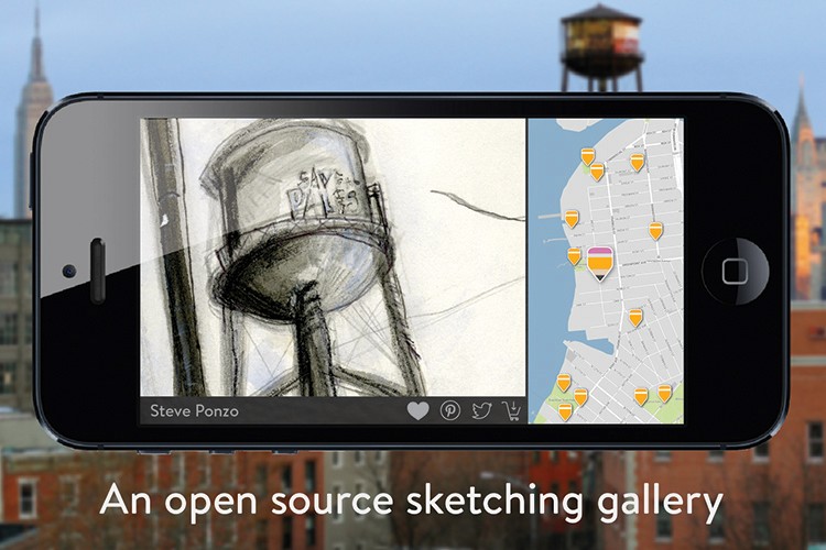 A black iPhone displays an open source sketching gallery. The left side shows a hand-drawn sketch of a water tower with "DAY'S" inscribed on it. The right side shows a map with yellow icons scattered across it. A water tower is visible in the background. The bottom of the screen reads "An open source sketching gallery".