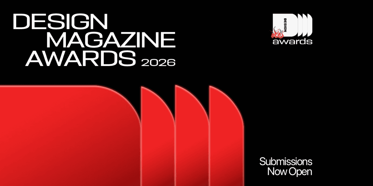 "Design Magazine Awards 2026 banner with bold white text on black. Red abstract shapes and text reading 'Submissions Now Open' signify excitement."