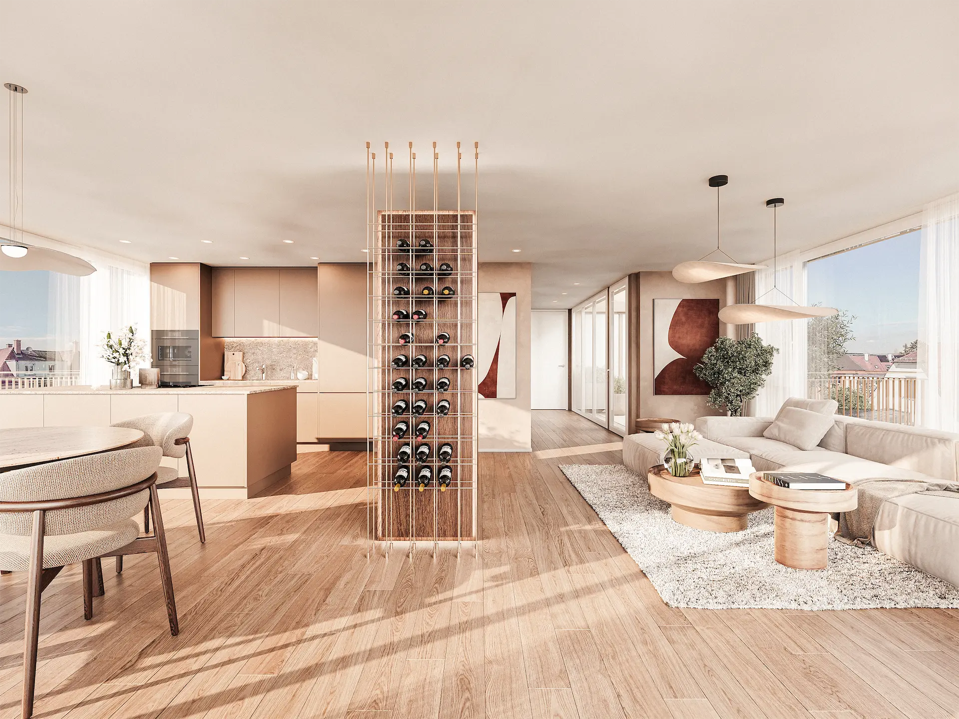 Fotorealistische Innenvisualisierung der Attikawohnung im Projekt Allschwil in Basel.