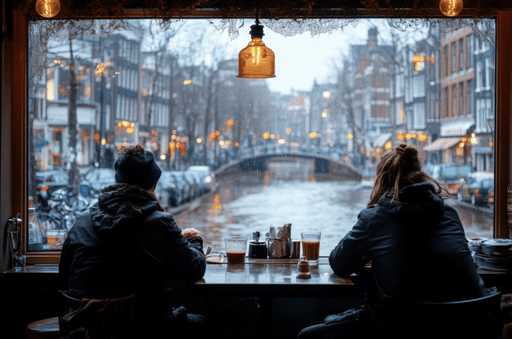 Two people sitting by a large window in a café overlooking a canal.