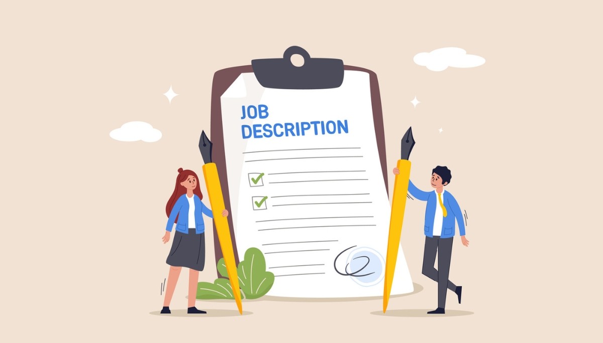 Illustration of a large clipboard labeled “Job Description” with checkmarks beside listed duties, flanked by two professionals holding oversized pens, symbolizing clear documentation of responsibilities and practical templates for defining roles across industries.