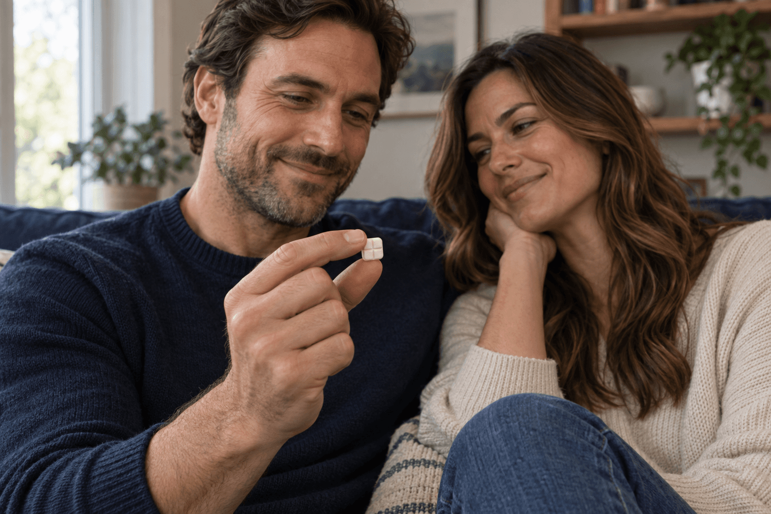 Couple at home with a small scored Closer troche held between fingertips