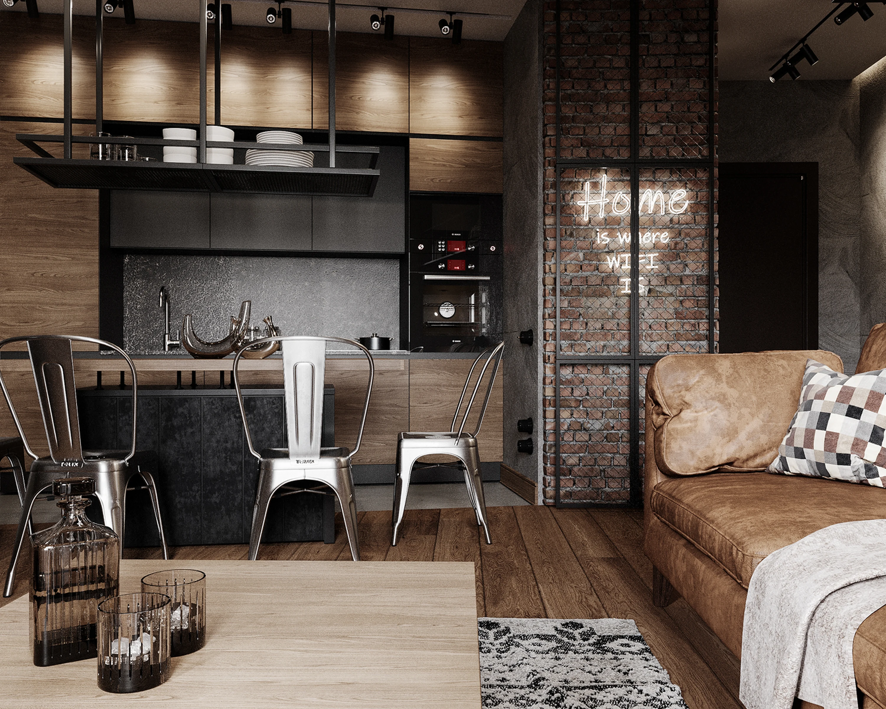 Détail — tablette en bois et verrerie.