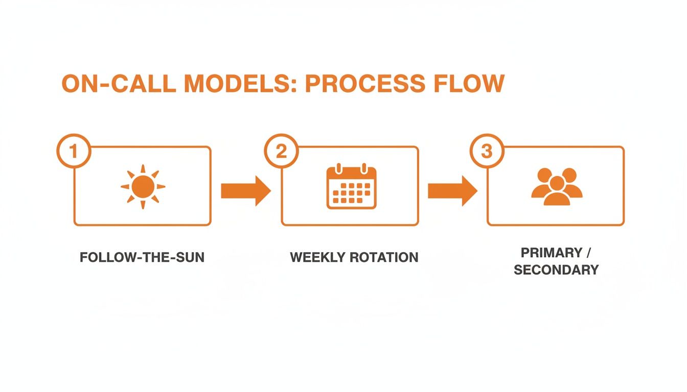 A process flow diagram illustrates three on-call models: Follow-the-Sun, Weekly Rotation, and Primary/Secondary.