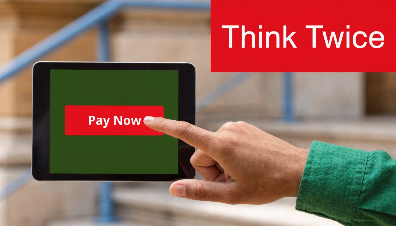 A hand presses a red pay now button on a digital tablet, symbolizing a warning to think twice.