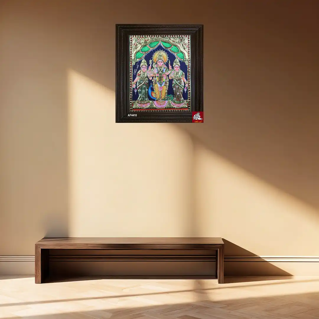 Tanjore painting of Murugan with Valli and Deivanai