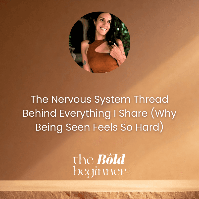 A Podcast episode thumbnail shows a boho minimalistic golden/taupe coloured background with a small circle frame showing the podcast host, a women smiling looking in the distance while playing with her hair, and the title of the episode underneath it