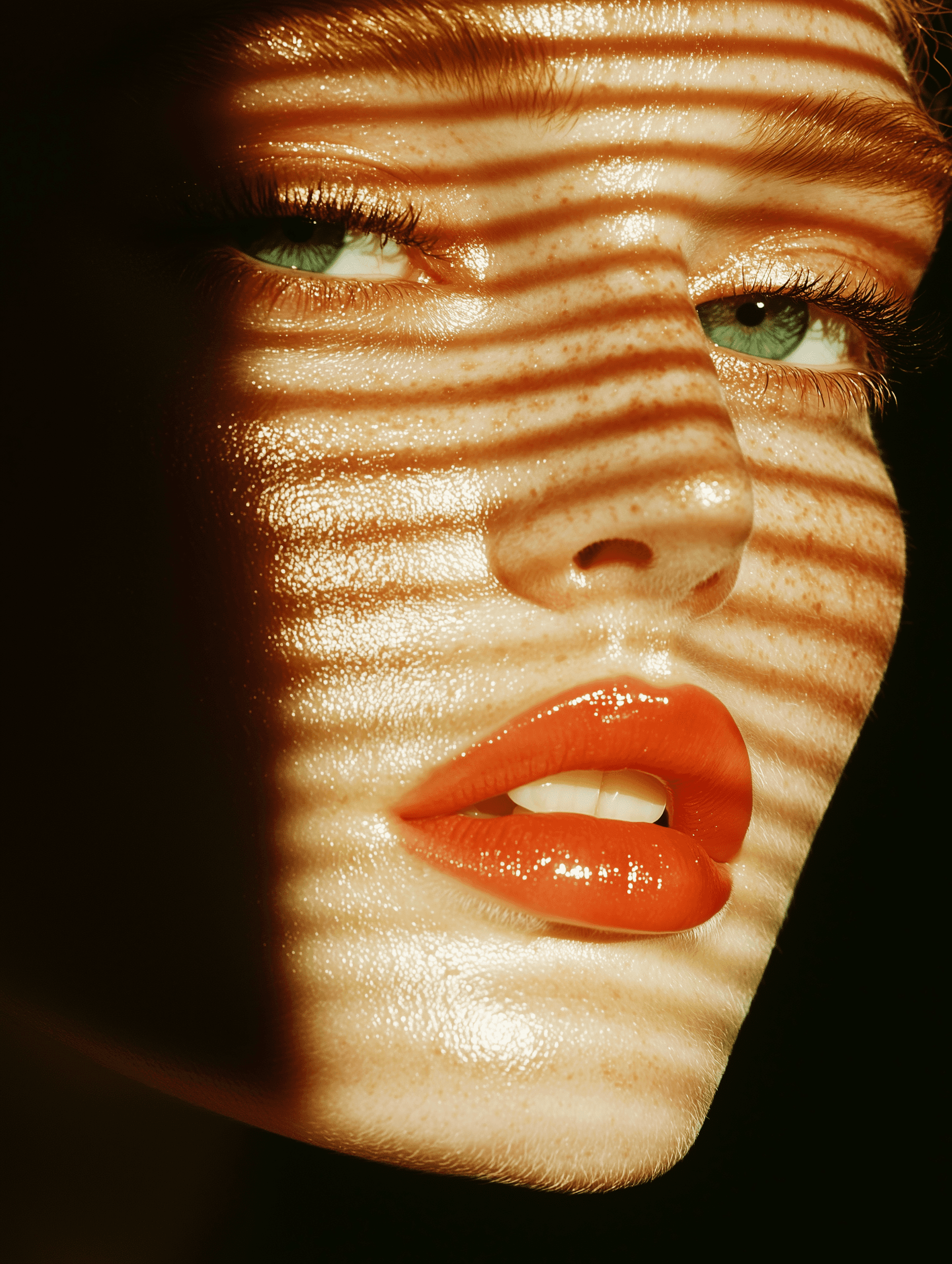 Close-up of a woman's face with dramatic lighting, highlighting green eyes and glossy red lips with striped shadows.