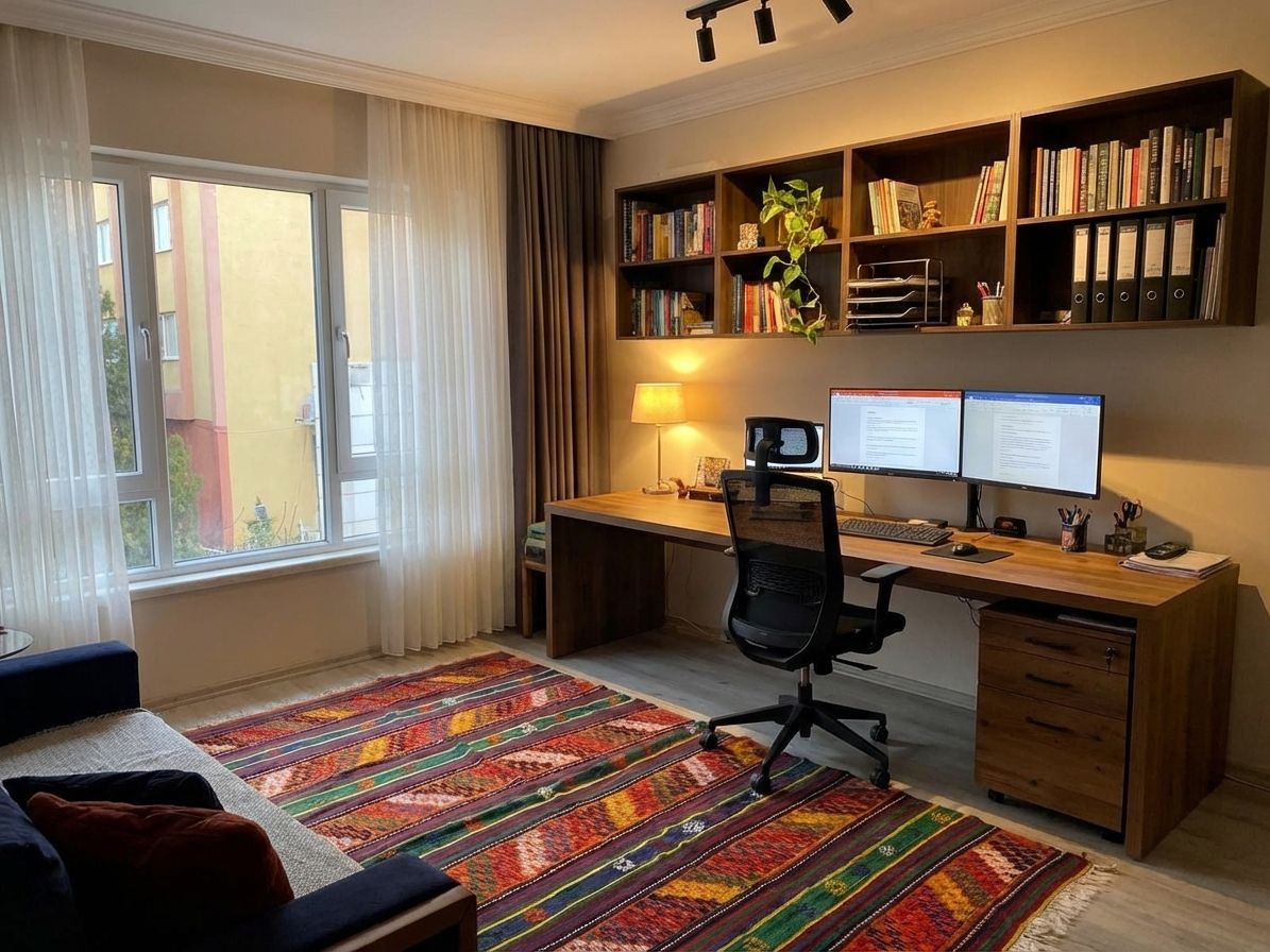 Home office with L-shaped desk and ergonomic chair designed by AI