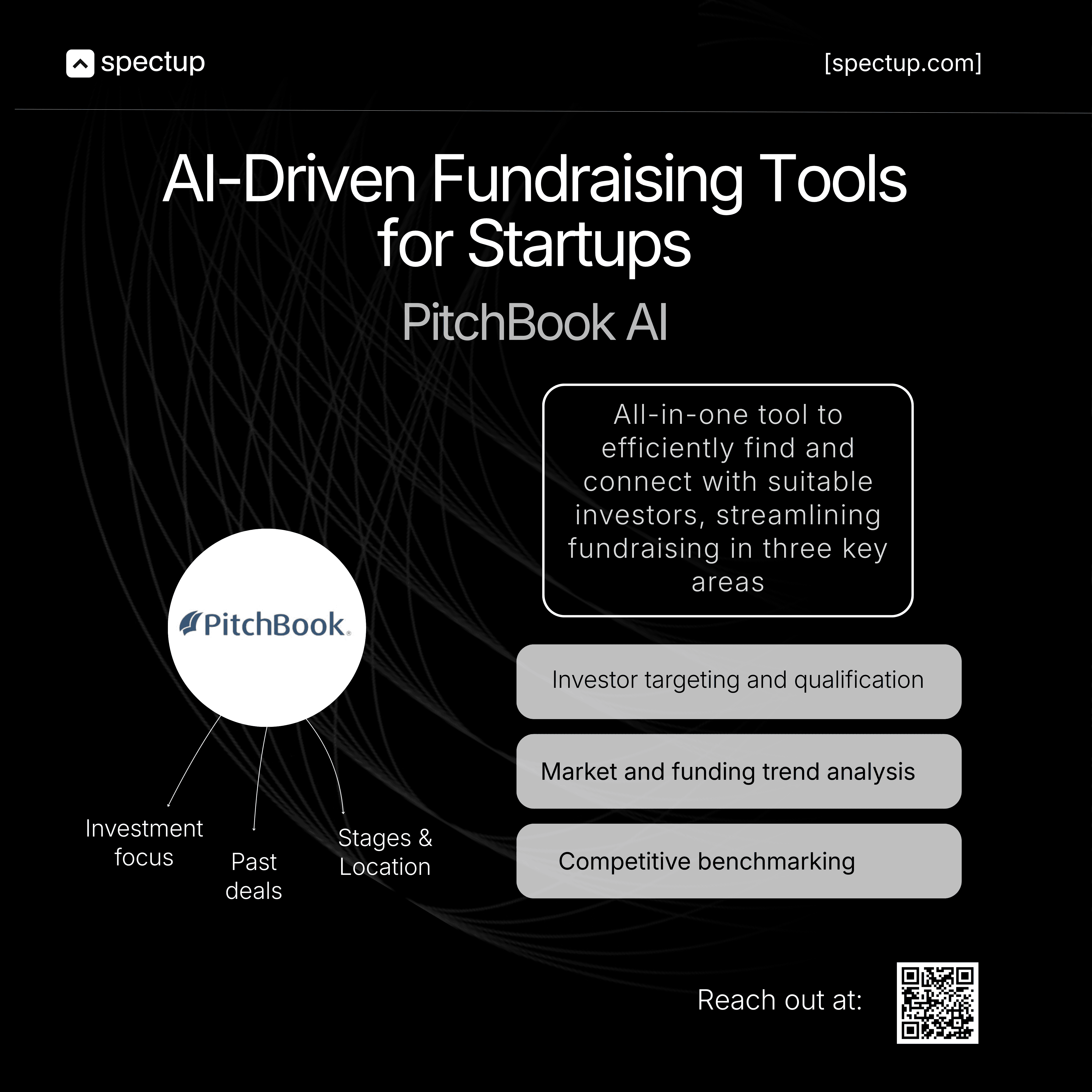 Visual overview of ai fundraising tools for startups by spectup, featuring PitchBook AI with investor targeting, market trend analysis, and competitive benchmarking on a dark background with structured diagrams.