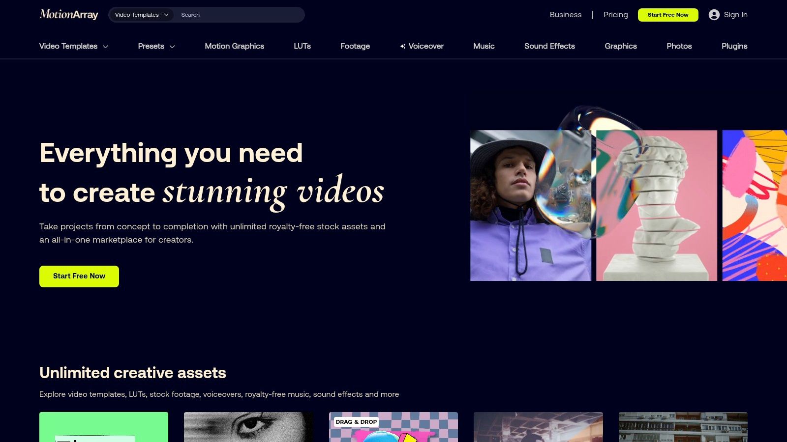 Motion Array website interface showing video templates and assets