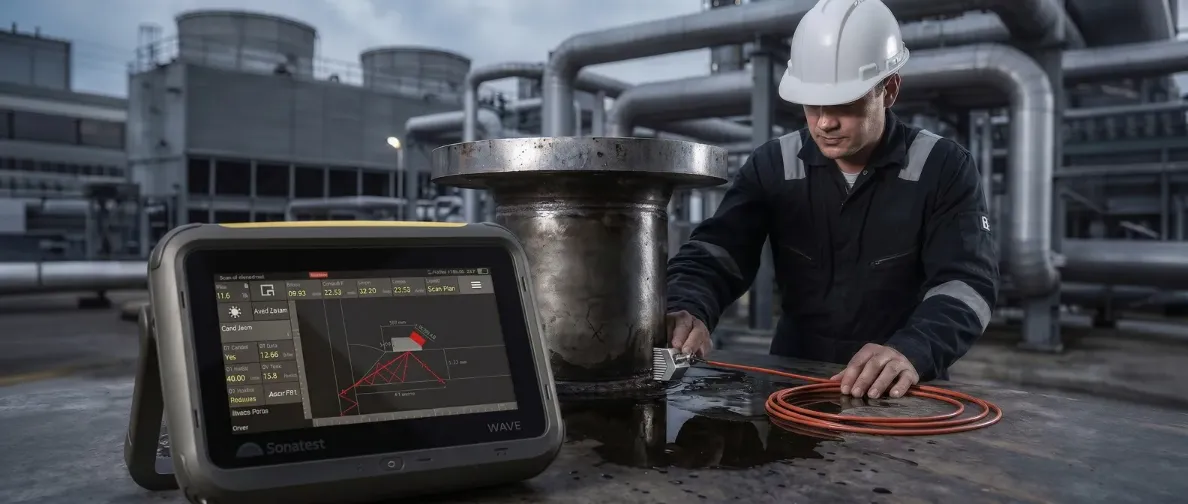 Glospech technician performing ultrasonic testing on pipe flange nozzle weld with angle beam probe and digital UT instrument, industrial plant Gauteng
