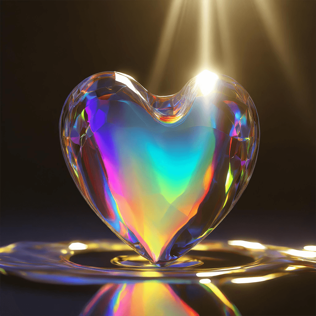 A translucent liquid heart melting under the influence of light; glass prism