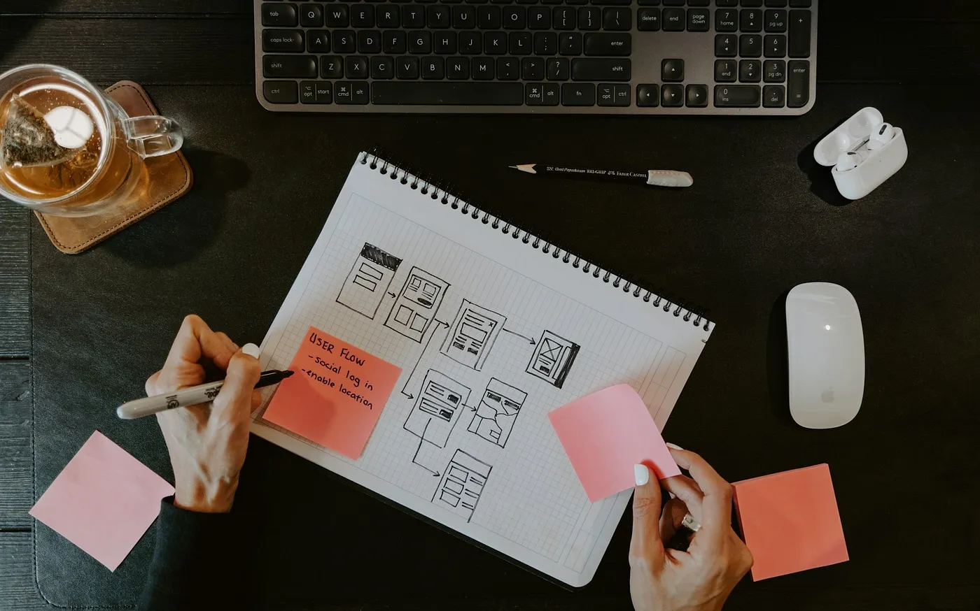 MacBook Pro on table beside white iMac and Magic Mouse