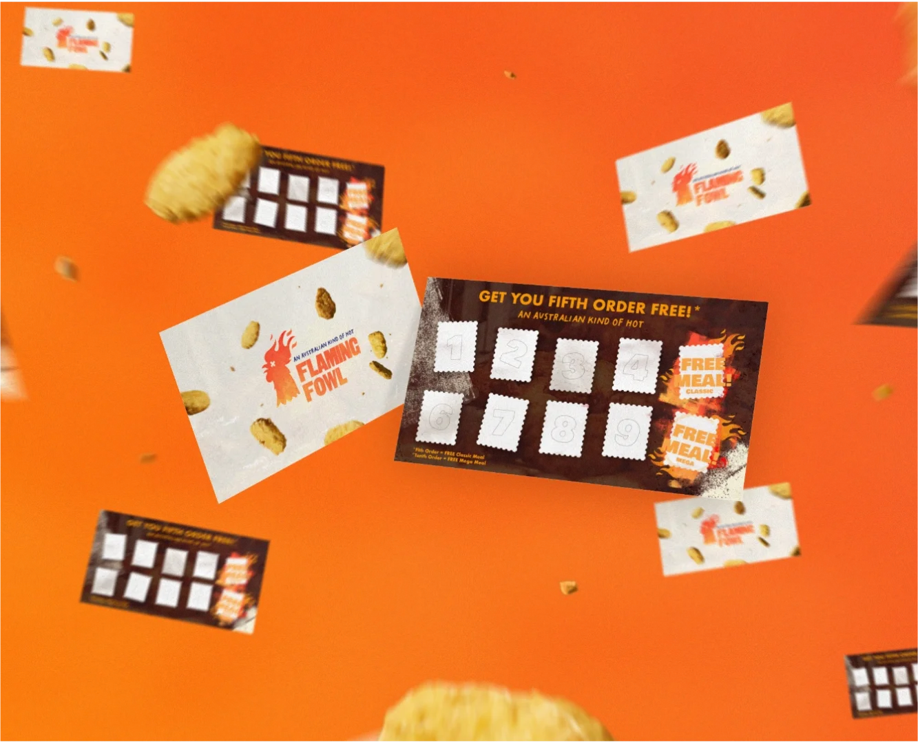 Several Flaming Fowl rewards cards are shown floating in the air against a bright orange background. Some show the rooster logo on the front, while others show the numbered stamp grid on the back.
