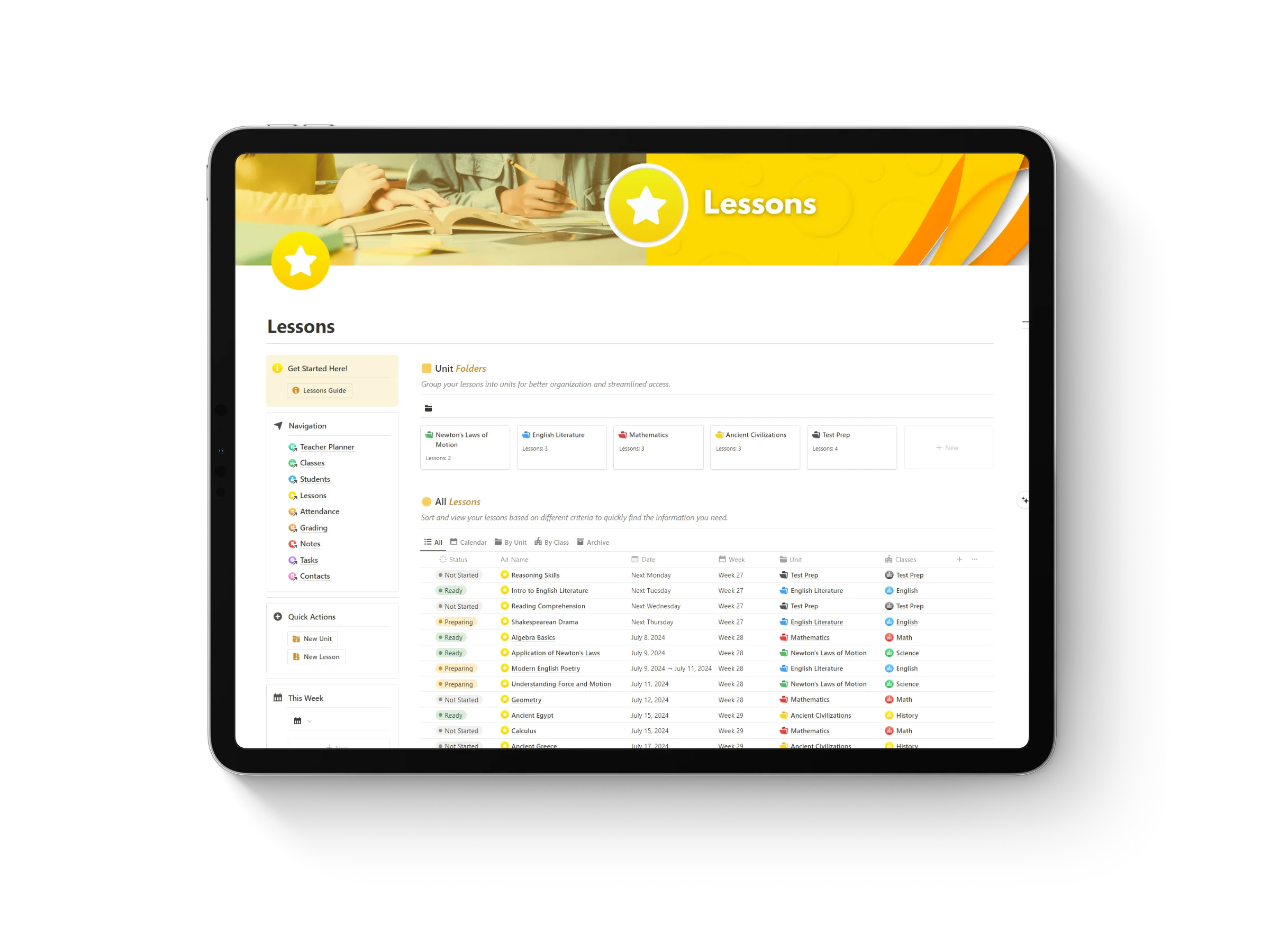 Thumbnail of Notion template for teachers and education featuring an iPad mockup displaying ‘Lesson Planner’ title with vibrant orange accent colors.