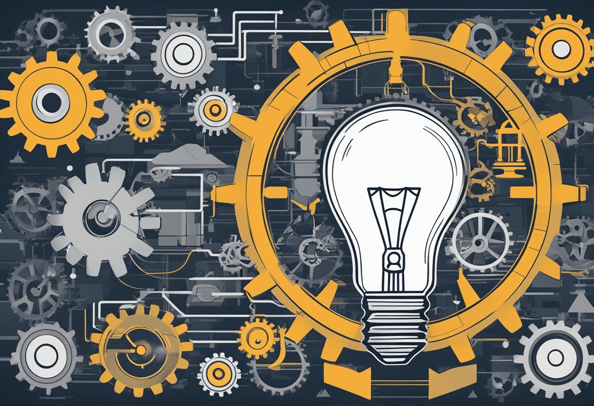A glowing lightbulb surrounded by gears and arrows, symbolizing the implementation and enhancement of EVP in talent management