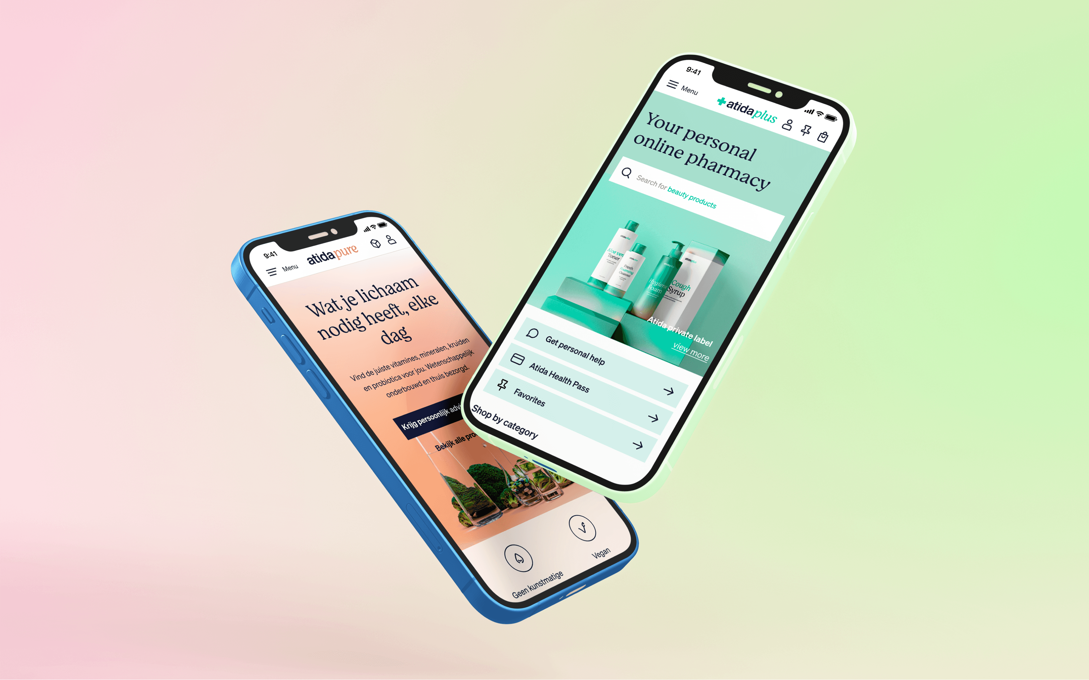 Atida — two smartphones floating against a pastel gradient background showing the Atida personal online pharmacy app — Soda Studio case study
