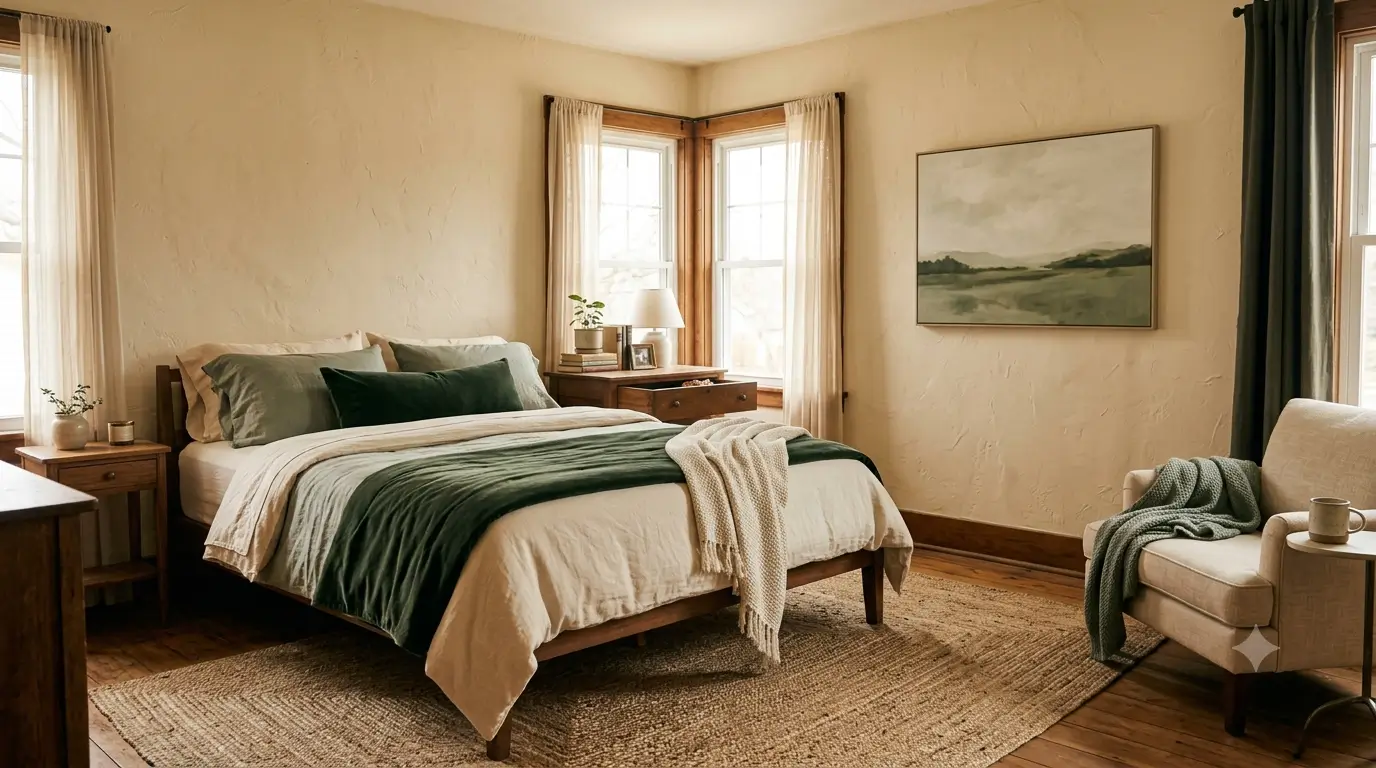 A beautfiul decluttered, soft lit bedroom