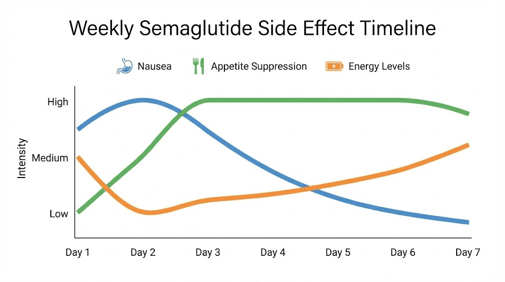 Semaglutide weekly side effect timeline showing nausea peak and appetite suppression pattern