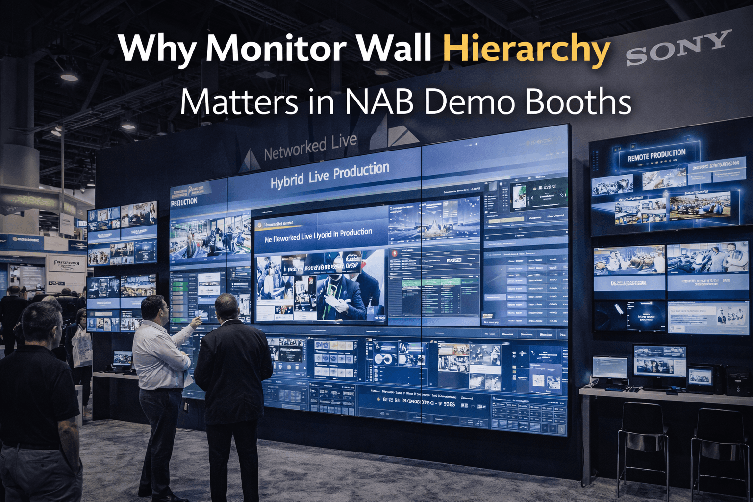 NAB demo booth monitor wall with one dominant content layer, supporting screens, and a clear broadcast workflow presentation in Las Vegas