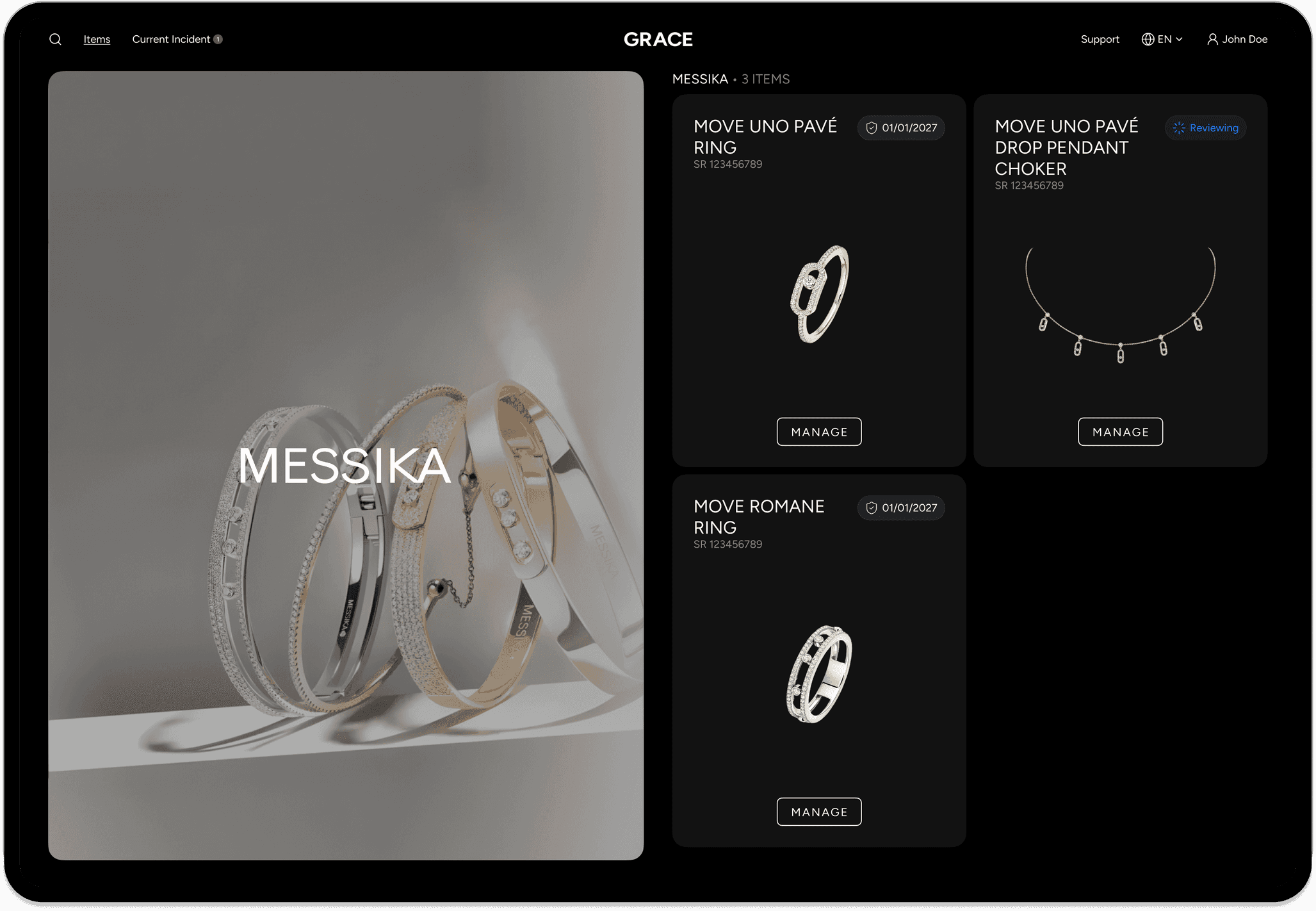 Portail client Messika x GRACE sur ordinateur : tableau de bord des bijoux protégés