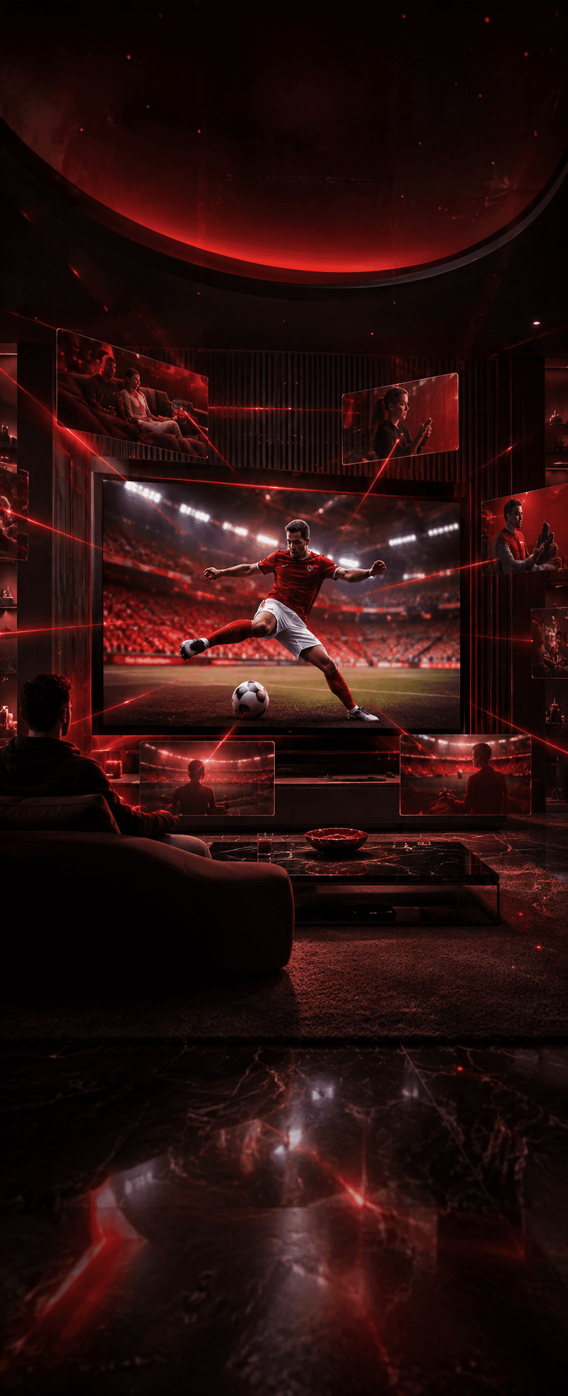 Immersive live sports streaming experience on a large smart TV, surrounded by digital score updates, audience targeting graphics, video highlights, and campaign measurement analytics.