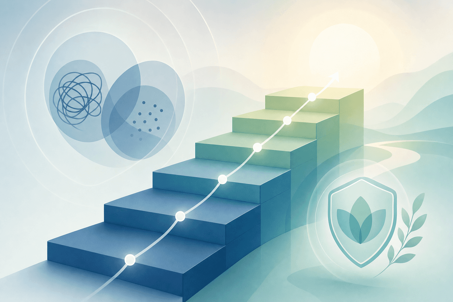 A calm, professional medical illustration showing the concept of exposure and response prevention therapy. Abstract visualization of gradual steps or levels moving upward, representing progressive exposure therapy. Soft, calming colors in blues and greens with gentle geometric shapes suggesting structured therapeutic progress. Clean, modern, clinical style that feels supportive and hopeful without being overly emotional. No people, no faces, no text or words.