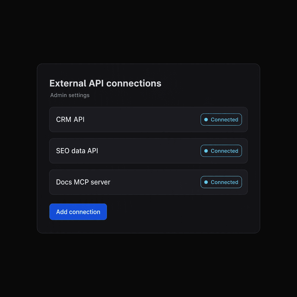 Admin panel with external API connections marked connected