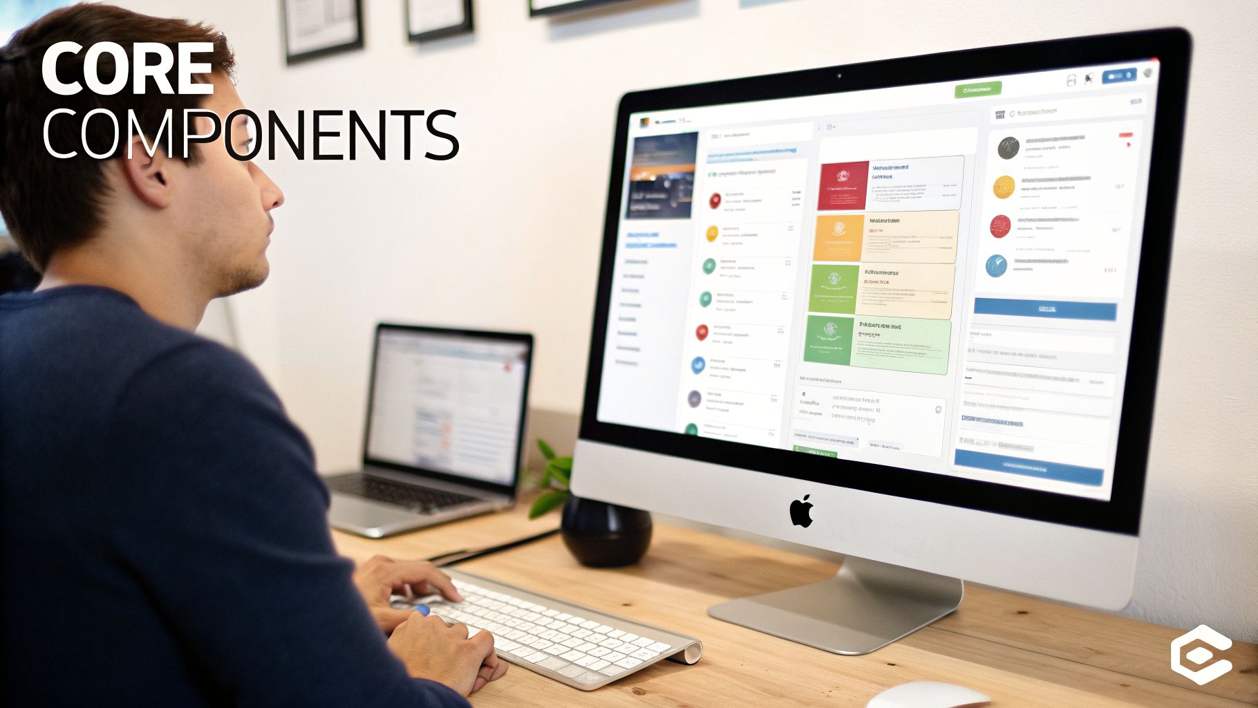 A person works on an iMac displaying a modern web application with various UI components and data.