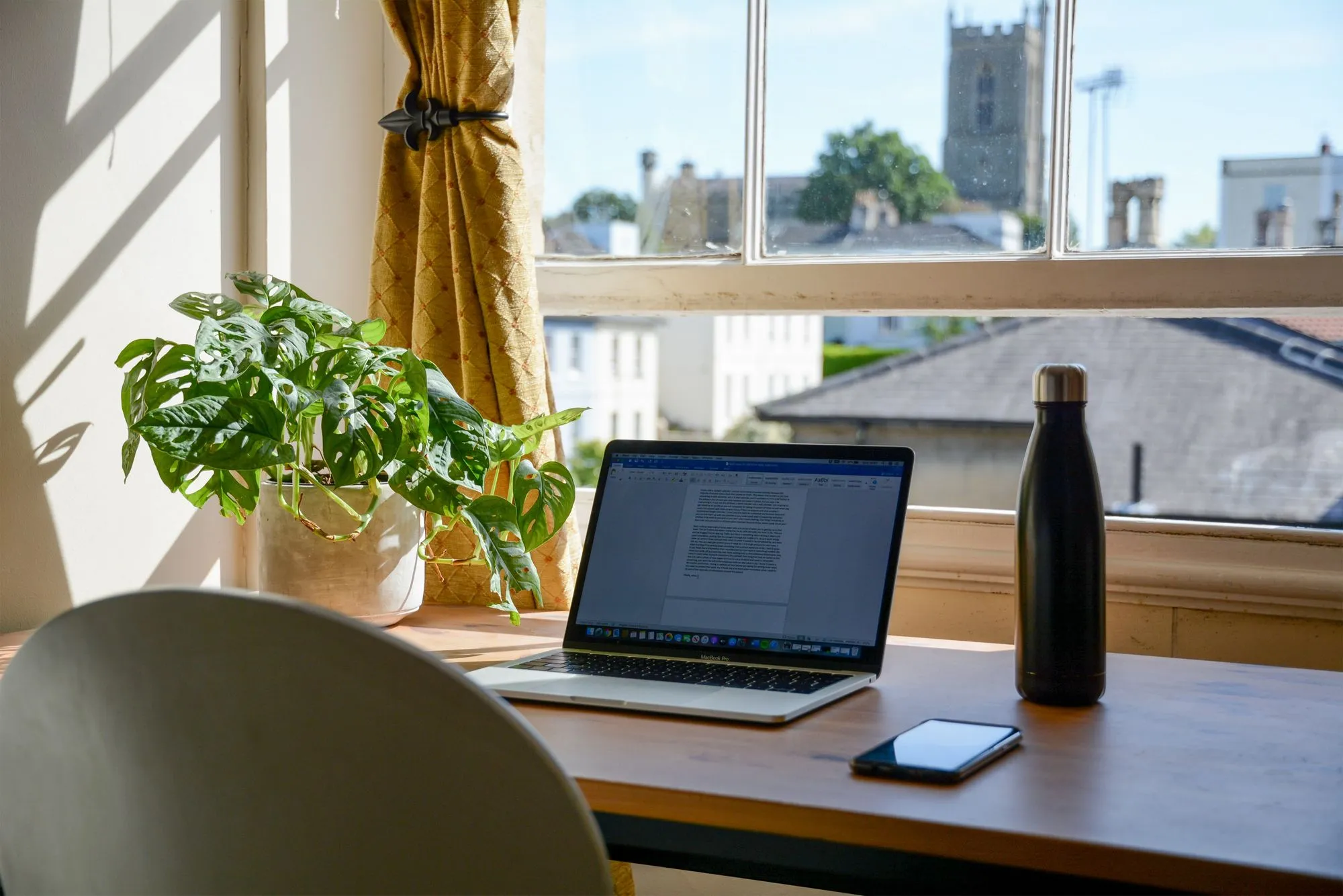Open laptop beside a plant on a desk with a window view