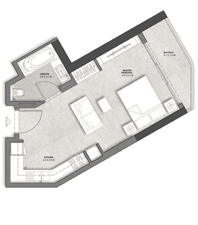 Floor plan for a studio (Type 1, 417 sq ft) at Bayviews Ras Al Kahimah on levels 1-14, including balcony. Technical drawing.