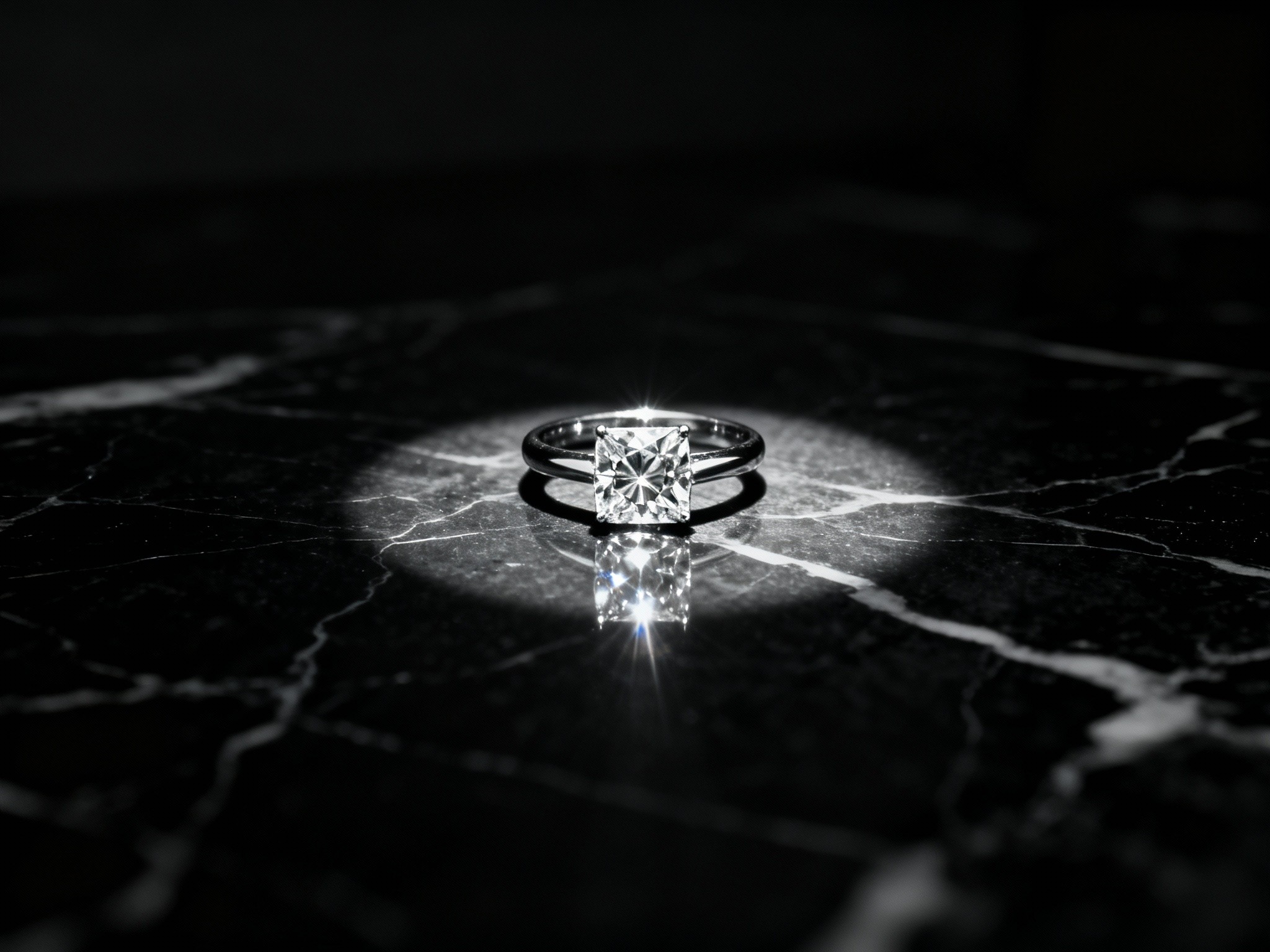 A dramatic evening scene featuring a princess cut diamond ring placed on a reflective black marble