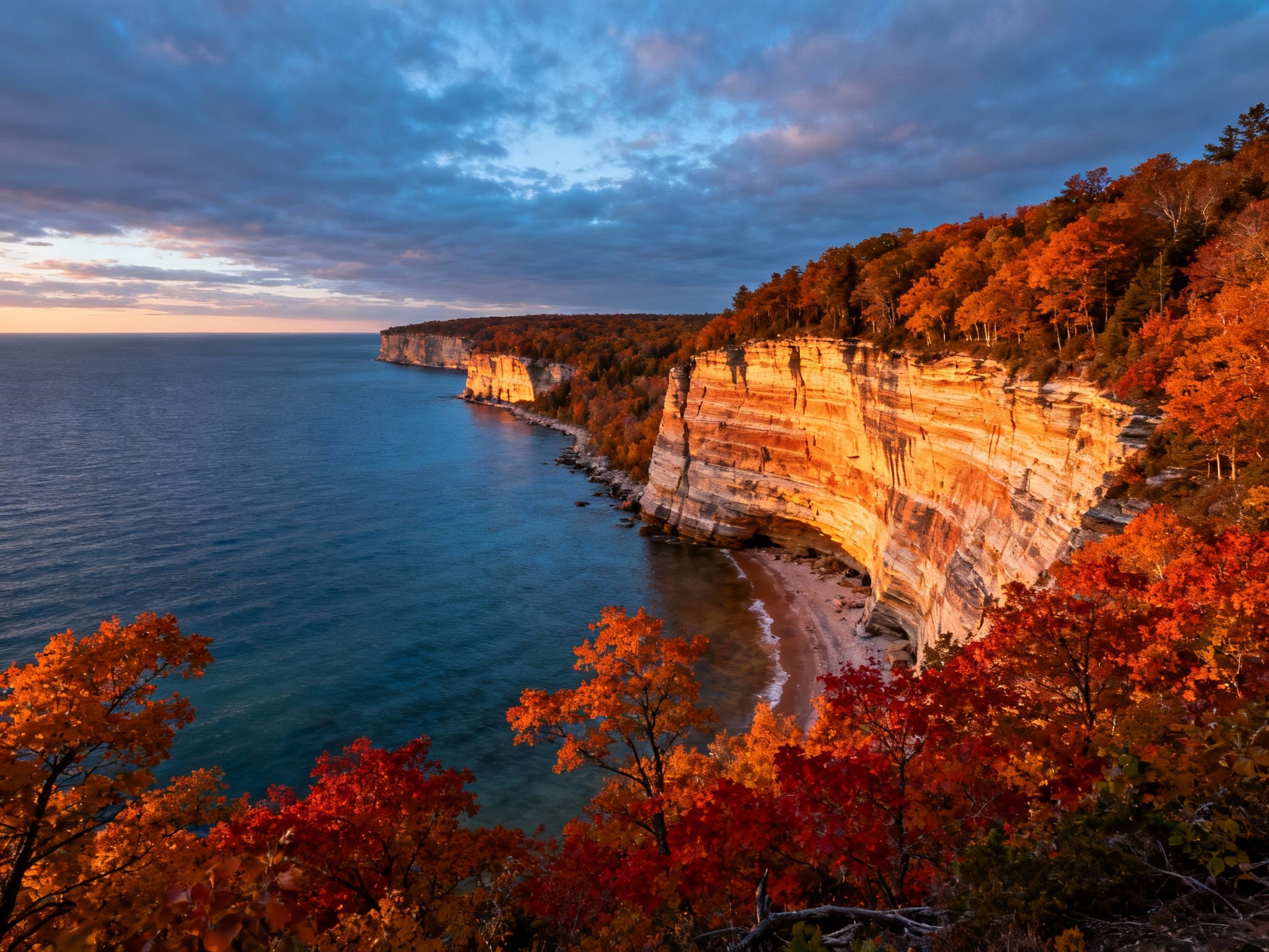 A dramatic panorama at sunset capturing the vibrant autumn foliage along the cliffs of Pictured