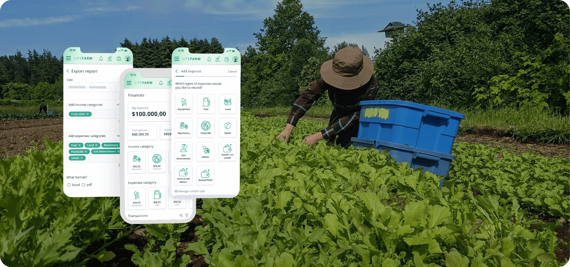A person in a field tending to leafy green crops with blue harvest bins. Overlaid on the scene are three smartphone screens displaying the "LiteFarm" app interface for managing farm finances, expenses, and export reports.