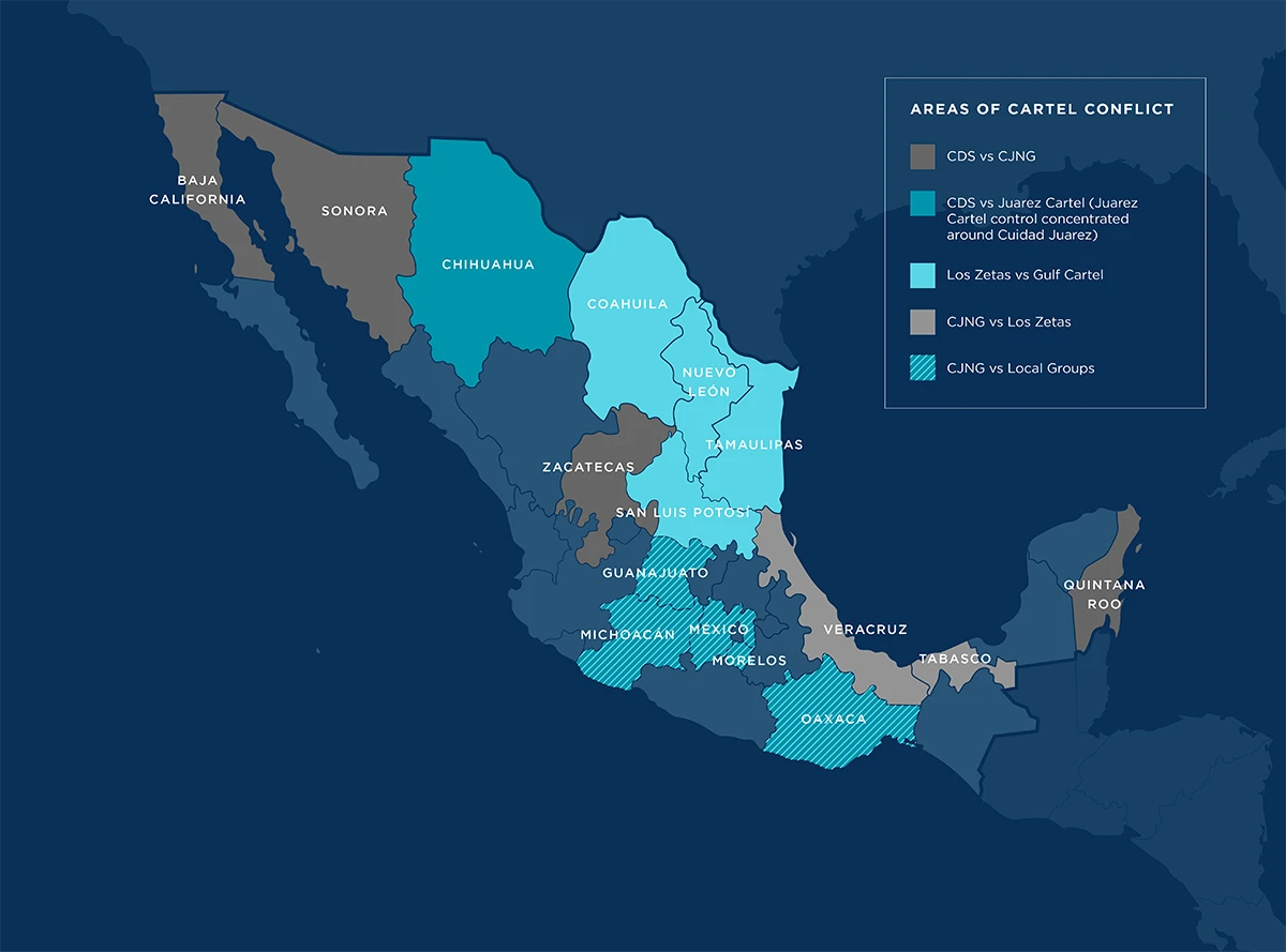 A colored coded map of contested states between Mexican cartels.