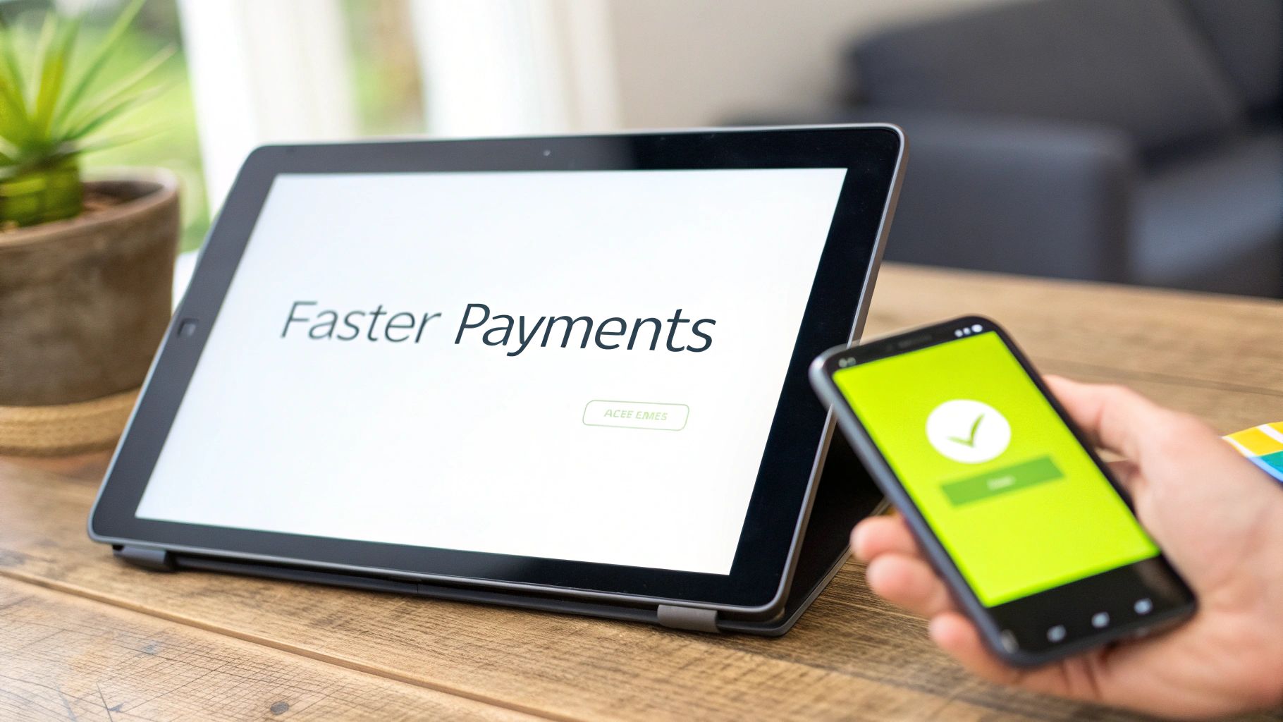 A tablet displaying 'Faster Payments' next to a hand holding a smartphone showing a successful payment.