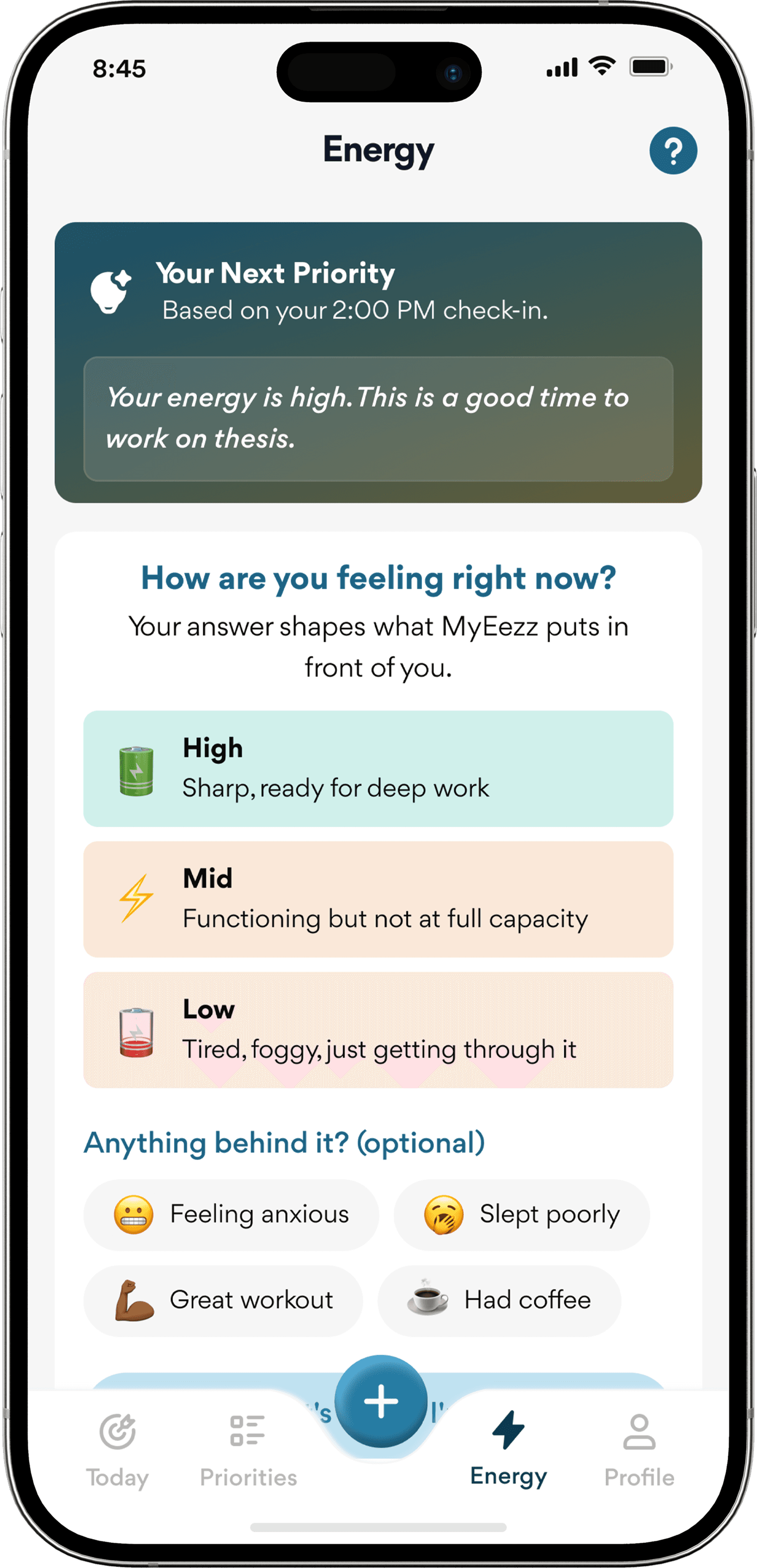 Phone mockup showing energy logs