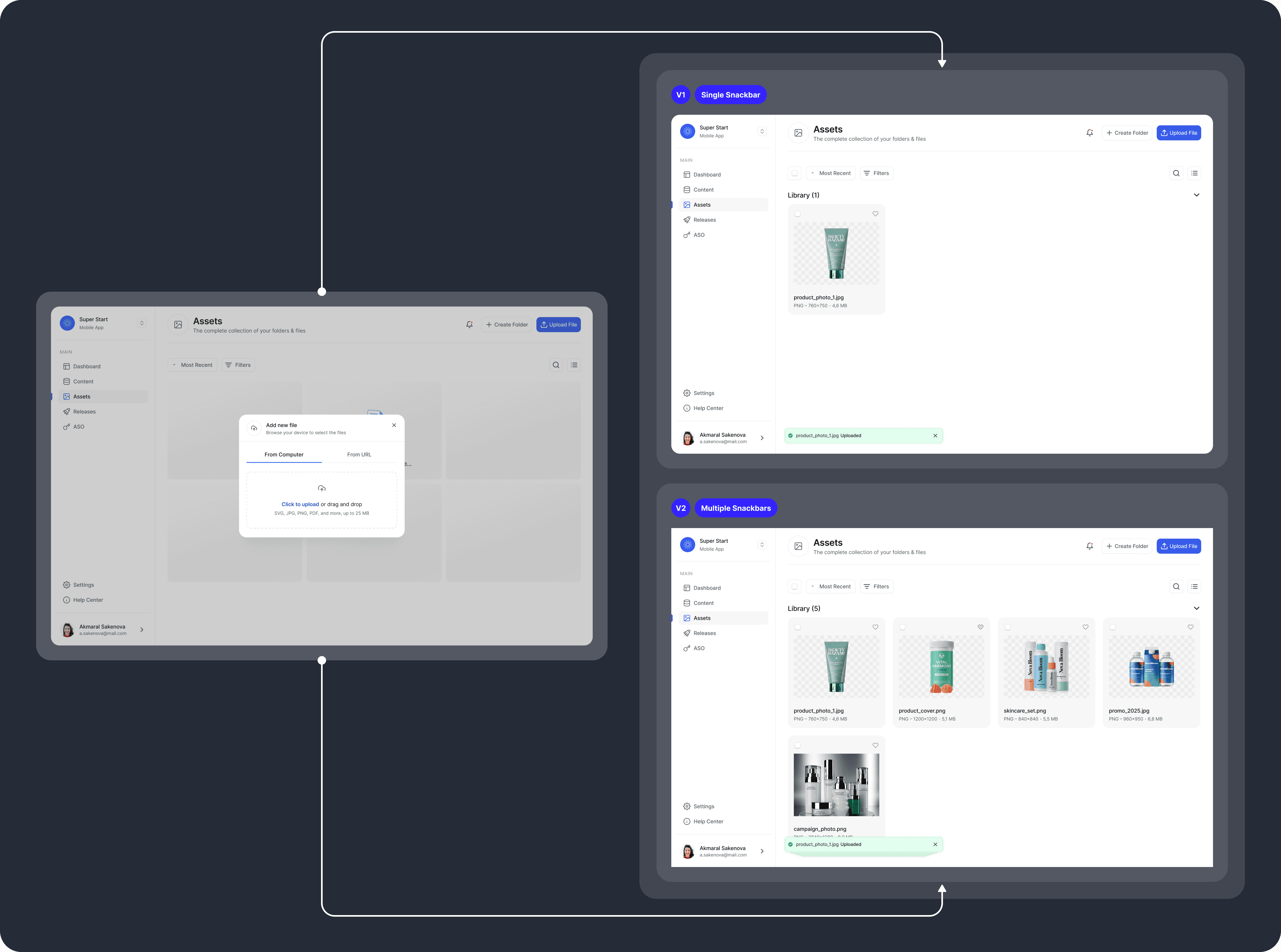 Exploration of snackbar notification patterns in an asset management dashboard