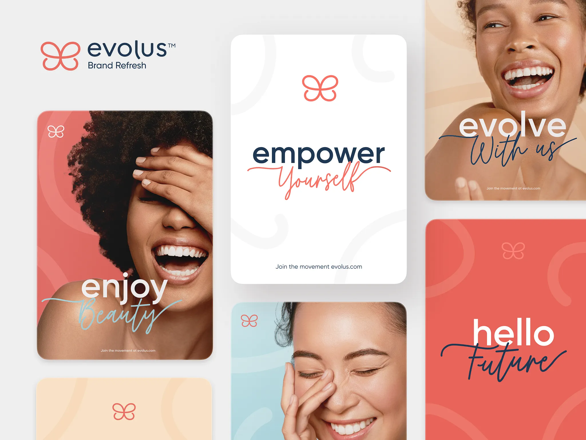 Evolus social posts with the lines “empower yourself”, “enjoy” and “hello future”