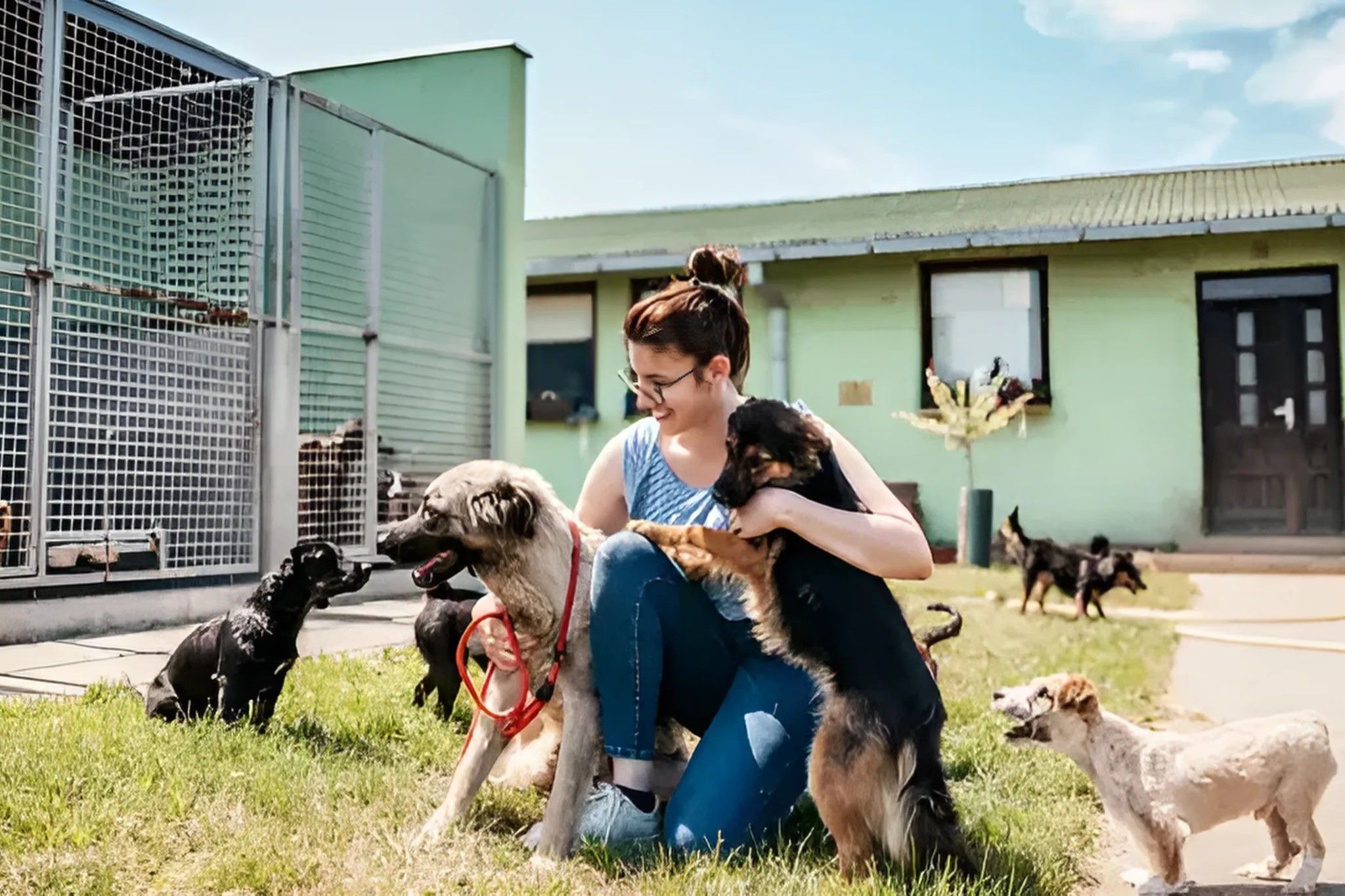 A woman is playing with dogs in the shelter.