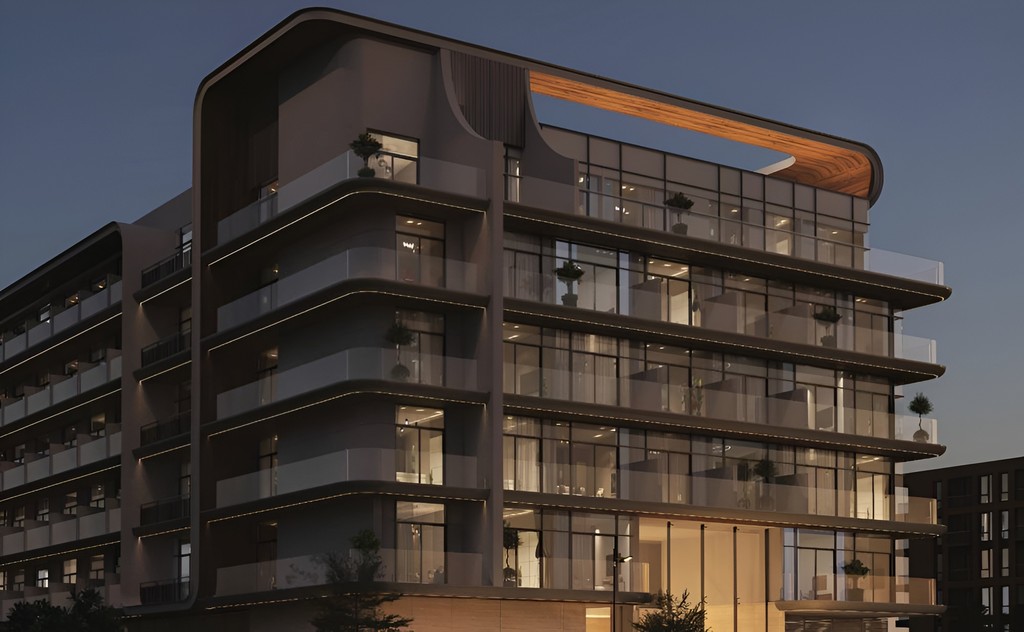 Artist's illustration of Aizel Tower, a modern condo building in Miami, featuring sleek lines and urban landscape.