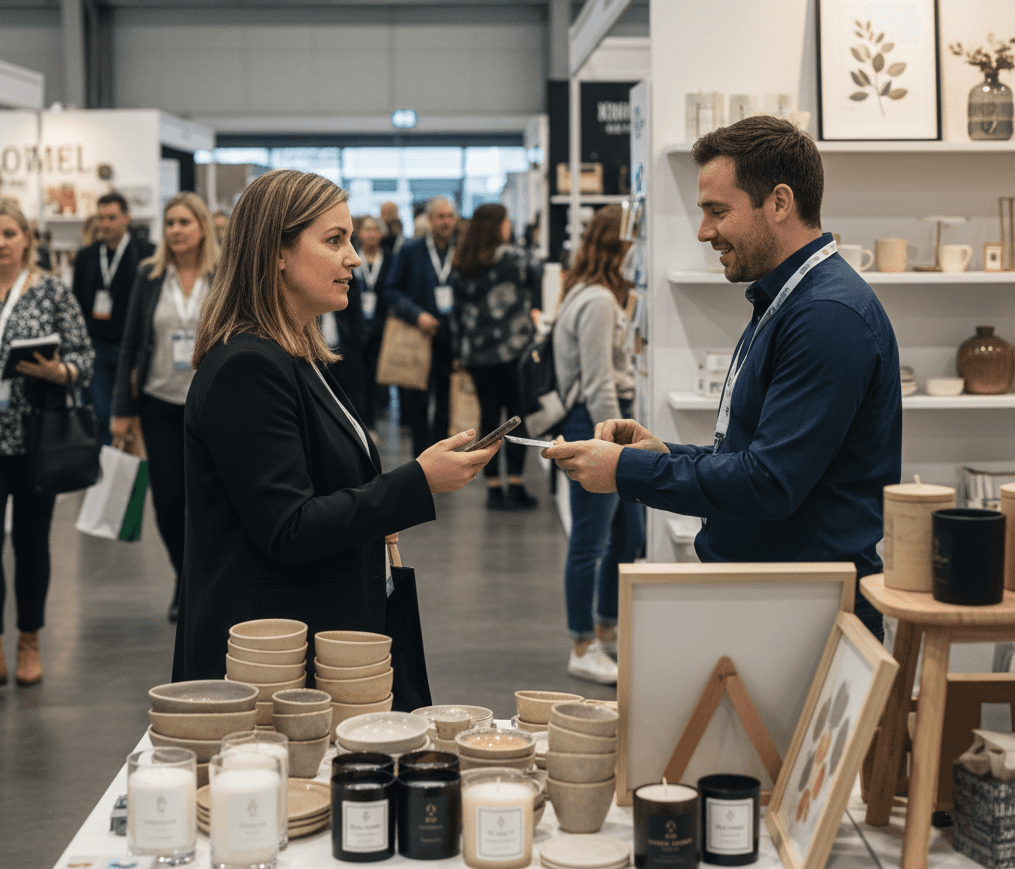 Networking at Auckland Showgrounds during Autumn Gift & Homeware Fair 2026 with a retailer capturing supplier details using Habsy lead capture app.
