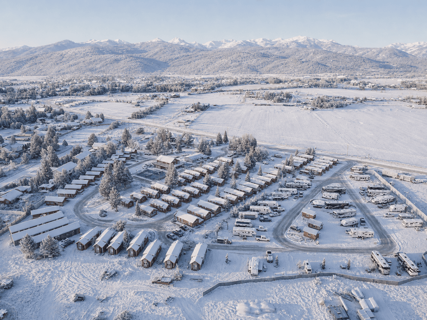 Teton Valley Resort Cabins from above, showing the entire resort's location near the Teton Mountains in the winter.