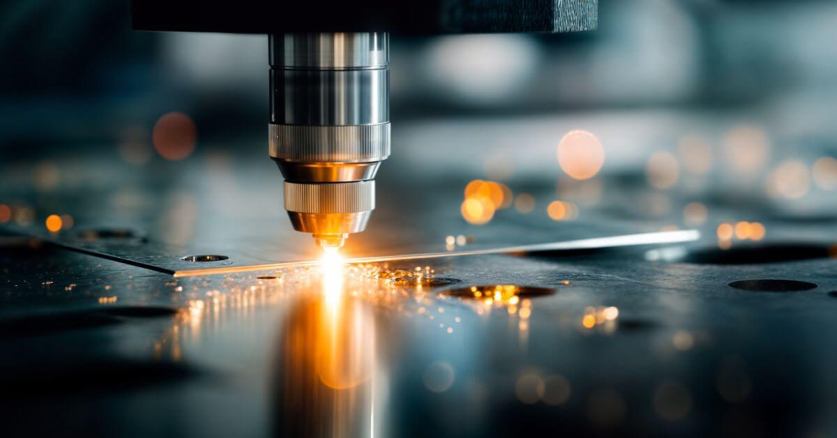 Precision laser cutting metal in a steel fabrication factory with sparks flying, representing advanced manufacturing operations optimized by battery storage technology