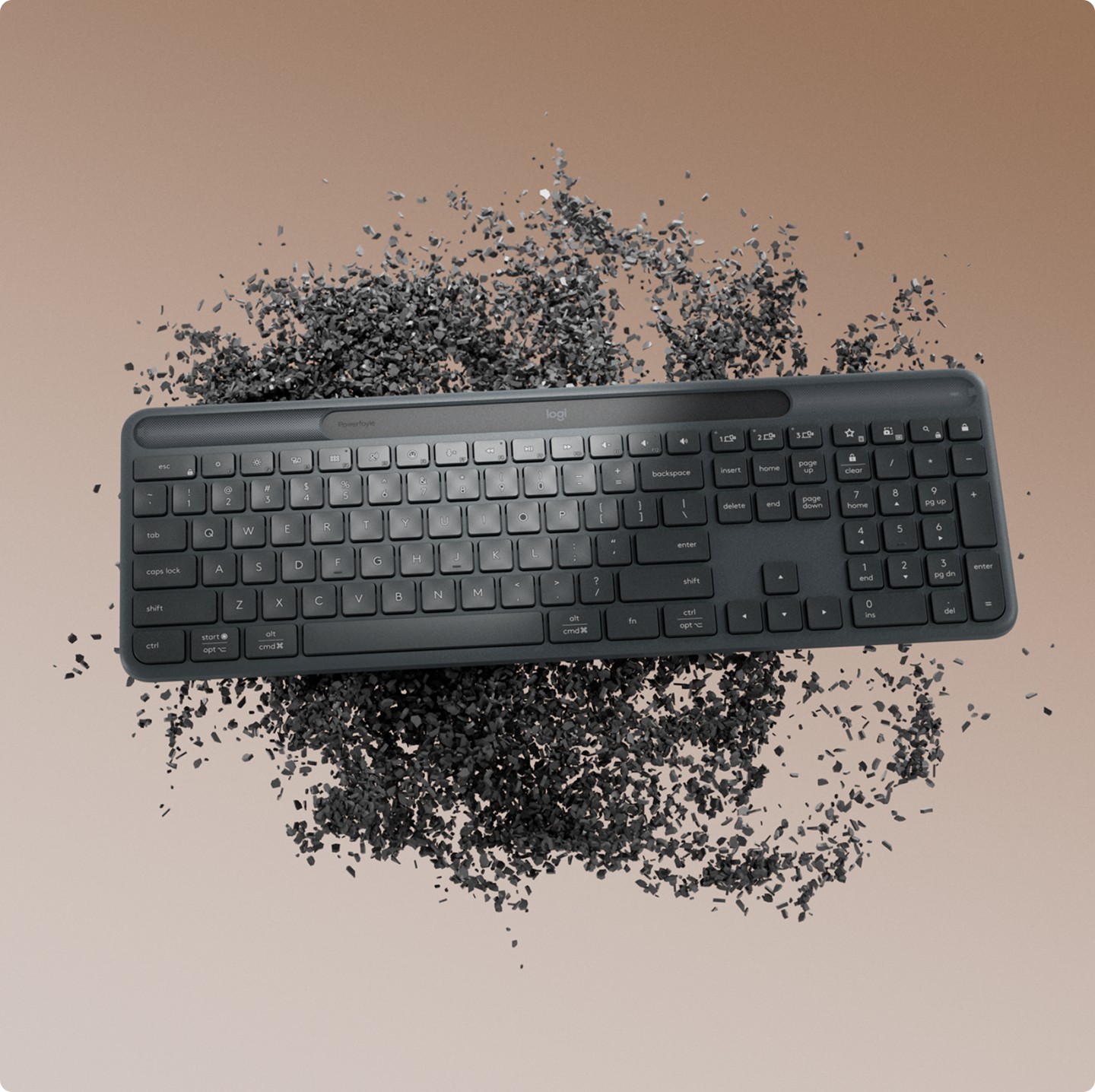 3D render showing the Solar K980 keyboard surrounded by swirling recycled plastic particles